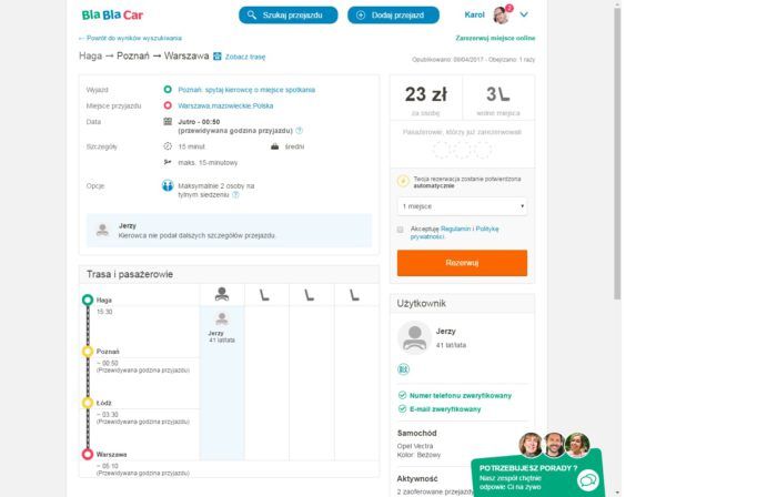 Ekran przejazdu Blablacar